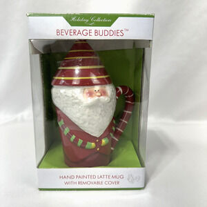 Red Santa Coffee Mug With Lid Cover Christmas Latte Hand Painted Sakura NIB